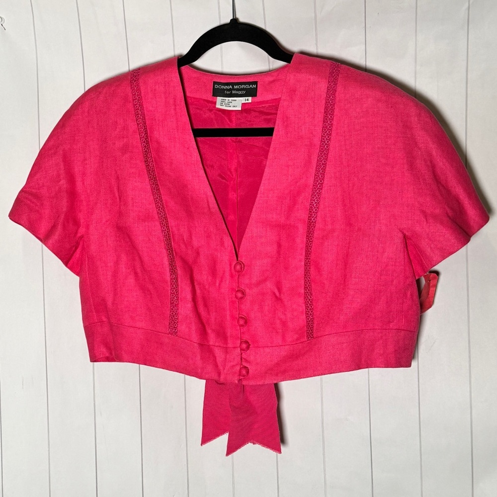 VTG Donna Morgan Maggy 100% Linen Pink Button Blazer Crop Jacket‎ Bow Preppy 14
